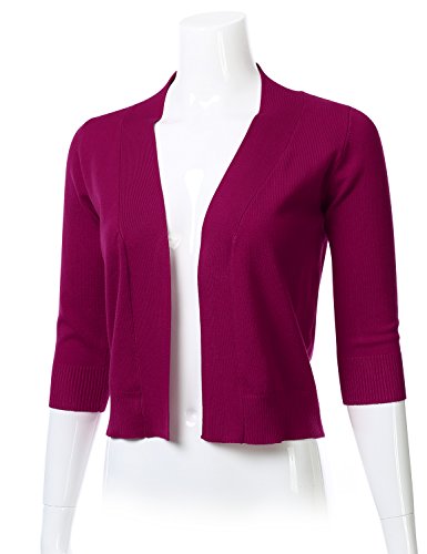Women's Classic 3/4 Sleeve Open Front Cropped Cardigan Magenta L #TOP1