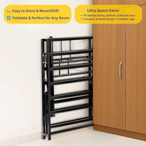 Image of DELITE KOM Dory Foldable Metal Bed | King Size (6.4ft x 6ft) | Portable | No Installation | Strong Steel Frame | Powder Coated | Heavy Load | for 75 inchx72 inch Mattress | Glossy Black | 1 Year Warranty