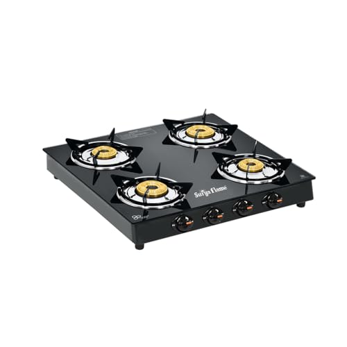 Image of Surya Flame Splendor 4 Burner Gas Stove | Toughened Glass Top | Brass Burners | Durable Brass Valve | Fuel Efficient 69%+ | Black