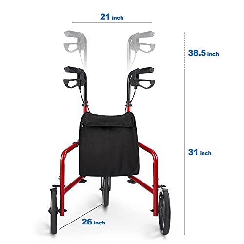 Zler 3 Wheel Walker For Seniors, Lightweight Aluminum Folding 10'' Three Wheel Rollator Walker With Height Adjustable Handles And Storage Bag Red #TOP5
