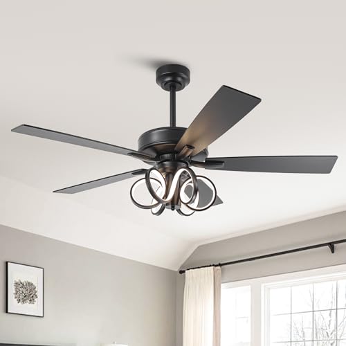 Image of 52 Inch Black Ceiling Fans with Lights and Remote - Creative Modern Ceiling Fan for Bedroom Living Room with 3CCT, 6 Speeds, Timer, Dual-Sided Reversible 5 Blades Indoor Outdoor Chandelier Fan