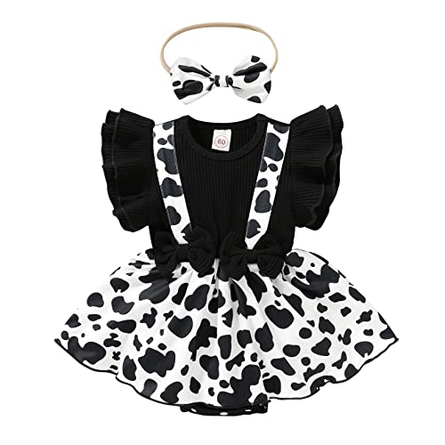 Newborn Baby Girl Summer Clothes Ruffle Sleeve Romper with Floral Tutu Skirts and Headband Infant Girl Bodysuit (Black, 6-9 Months)