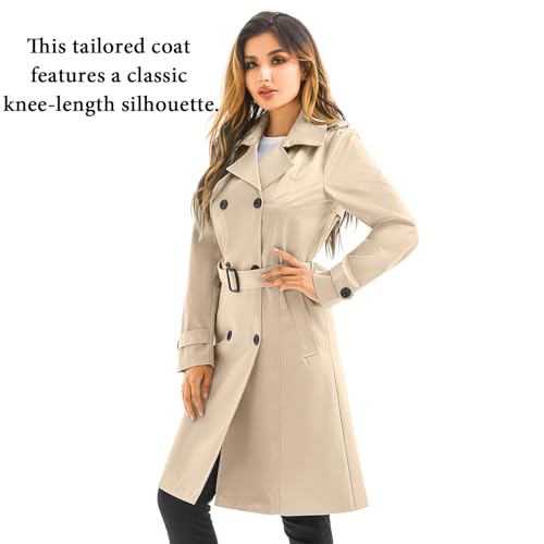 FARVALUE Women's Waterproof Trench Coat Long Double Breasted Windbreaker Classic Belted Lapel Overcoat with Removable Hood3