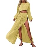 TRCELECTROP Skirt Sets Women 2 Piece Outfits Linen Boho Long Sleeve Crop Tops and High Slit Maxi Skirt Beach...