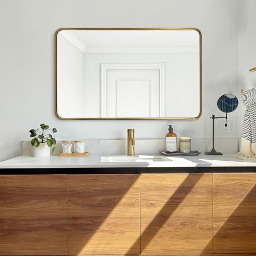 Image of ANDY STAR Brushed Gold Bathroom Mirror 48 inchX30 inch, Brass Bathroom Vanity Mirror Rounded Rectangle, SUS304-Anti-Rust Metal Frame Mirror, Wall Mounted Horizontal /Vertical 1'' Deep