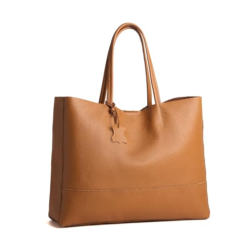 ADORATTI Italian Leather Tote Bag for Women - Large Shoulder Shopper, Fits 16” Laptop, Keychain Holder, Made in Italy - Camel Brown