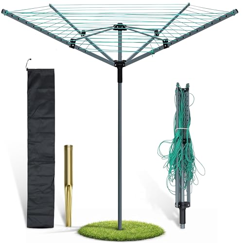 ZMR SHOP CRAFT 4 Arm Heavy Duty 60M Rotary Washing Line Outdoor Clothes Airer Rotary with Ground Spike & Rotary Washing Line Cover Weather Resistant Garden retractable Washing Line
