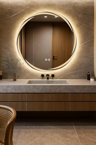 Image of ALFA Design 24x24 Inch Round Wave Design LED Mirror | Wall Mounted with Touch Sensor, 3 Light Modes Natural, Warm & Cold White | Wall Decor for Living Room, Entryway, Washroom