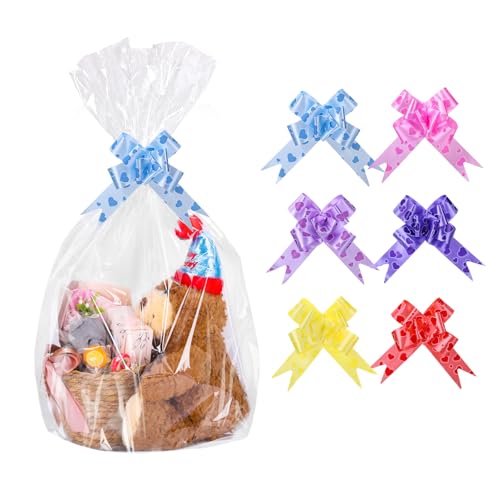 6 Pcs Medium Cellophane Bags for Hampers 16X24 / 40 * 60cm Hamper Wrapping Cellophane with Pull Bows Hamper Cellophane Wrap Bags for Gift Basket Presents Packaging Wedding Graduation