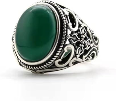 QUSIIOSLK 925 Sterling Silver Vintage Oval Shape Emerald Green Agate Open Ring for Men Adjustable Luxury Natural Red Agate Gemstone Ring Turkish Handmade Engrave Band Jewelry Gift for Women