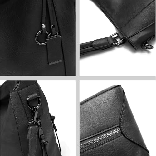Image of Women PU Leather Tote Bag, Black Handbag Shoulder Hobo Purse Large Crossbody Bag Ladies Bucket Wallet Set 2pcs for Shopping