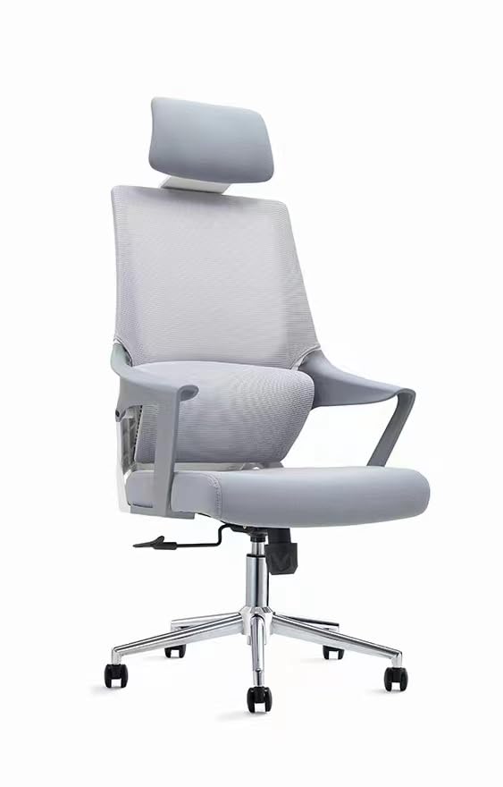Image of Ergonomic Office Chair with Headrest, High Back Mesh, Grey, Height Adjustable, Chrome Base