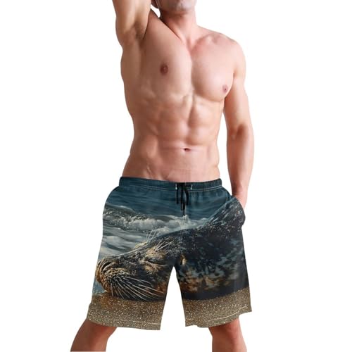 Men's Swim Trunks Beach Seal Print, Quick Dry Beach Board Shorts with Lining-S4