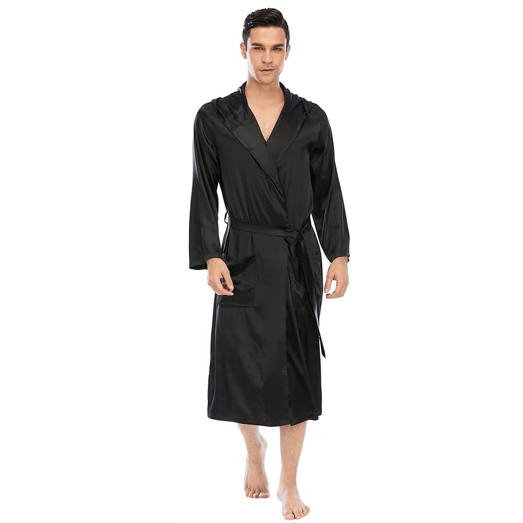 Albornoz para Hombre Bata Baño De Seda Satinada Talla Grande Camisón De Manga Larga Ropa De Dormir Ligera Hombre Kimono Sexy Cuello Chal con Estilo con Capucha Pijama Acogedor De Vacaciones