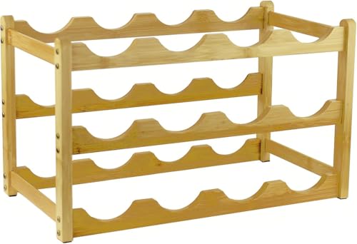 FUREINSTORE Botellero Vino de Madera Bambú | Estante Organizador Expositor Autoportante de 12 Botellas | para Mesa Bar Cocina Bodega Encimera Almacenamiento Hogar (Madera, 3 Niveles 12 Botellas)