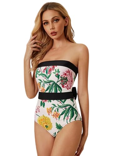 FLAXMAKER Strapless Swimsuit Lace Up Adjustable Animal Botanical Print Swimsuit and Skirt/Sarong3