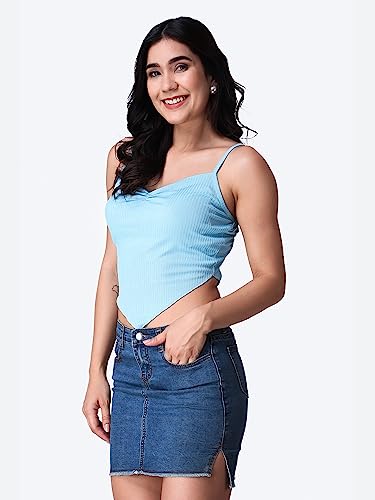 Image of POPWINGS Casual Strap Hankie Ribbed Crop Top for Women || Round-Neck Crop Top for Women || Sleeveless Crop Top for Women || Stylish Women Crop Top for Summer