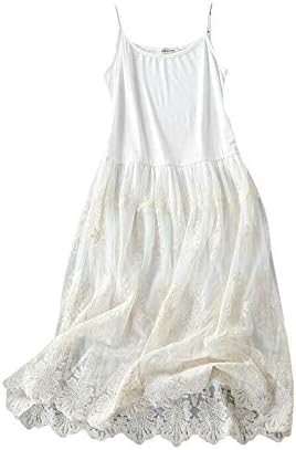 YM YOUMU Women Casual Floral Lace Trim Extender Camisole Dress Slip Spaghetti Tank Top for Summer (Style 02-White, One Size)