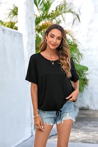 ENMAIN Womens Casual Crewneck T-Shirts Rolled Short Sleeve Basic Tee Shirts Elastic Hem Summer Tops4