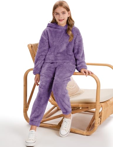 Flygo Girls Fuzzy Pants Set Crop Hoodie Bear Ear Two Piece Outfits Fluffy Sweatshirt and Fleece Pants Sweatsuit 9-10Y (Purple-M)3