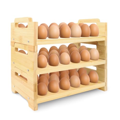 Soporte organizador de huevos de madera de 3 niveles, estante organizador de huevos de madera apilable de granja, estante de almacenamiento de madera dividida para productos de pato y pavo (total 36