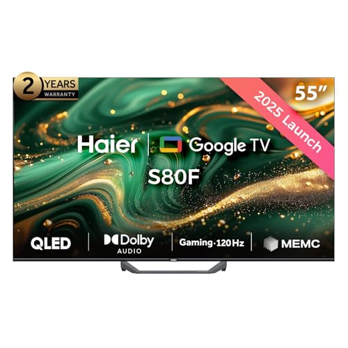 تلفزيون ذكي S80F طراز 2024 H55S80F من هاير بتقنية QLED وشاشة 55 بوصة، دقة 4K - تقنية صوت دولبي - جهاز استقبال مدمج - لون أسود