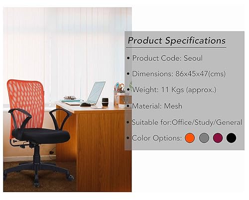 Image of Office Arm Chair with Metallic Frame, Mesh Back, Nylon Base, and Adjustable Handle, Cushion Fabric (Orange)
