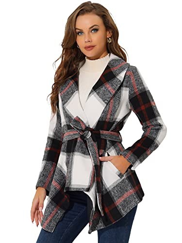 Allegra K Women's Turn Down Collar Asymmetric Hem Thin Plaids Wrap Coat
