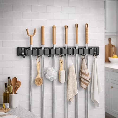 Image of HomeEssentials Broom Holder Wall Mount - 6 Slots 7 Hooks Heavy Duty Broom and Mop Holder Wall Mounted, Stainless Steel Garden Tool Organizer for Home, Kitchen, Garage, and Laundry Room Storage (Grey)
