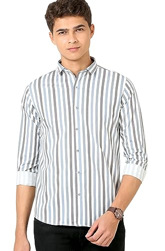 Image of IndoPrimo Men's Cotton Shirt with Spread Collar Neck Line Striped Pattern Full Sleeves Regular Fit Western Style and Standard Length