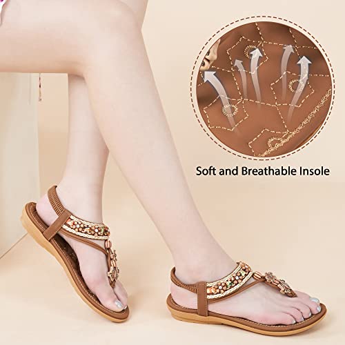 Atoshopce Sandals For Women Summer Flat Shoes With Rhinestone Beaded Elastic Ankle Strap Casual Beach Shoes Women Sandals Non Slip Breathable Dressy Sandal Outdoor #TOP5