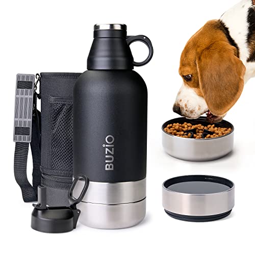 Water Bottle 64 oz Insulated with 2 Dog Bowls, BUZIO 64oz Dog Travel Bottle with Dog Water Bowl & Slow Feeder Dog Bowl & Nylon Walking Bag, Stainless Steel Big Water Jug Flask, Black