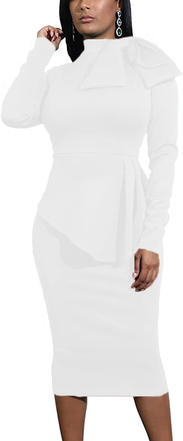 Women's Peplum Bodycon Long Sleeve Wear to Work Dresses Bow Party Club Ruffle Formal Cocktail Pencil Dress - Image 2