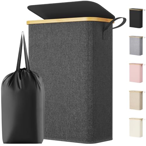 Lifewit 50L Slim Laundry Basket with Lid, Narrow Laundry Bin with Removable Bag & Bamboo Handles, Foldable Thin Dirty Clothes Hamper for Laundry, Bathroom, Bedroom, Dorm (Dark Grey)