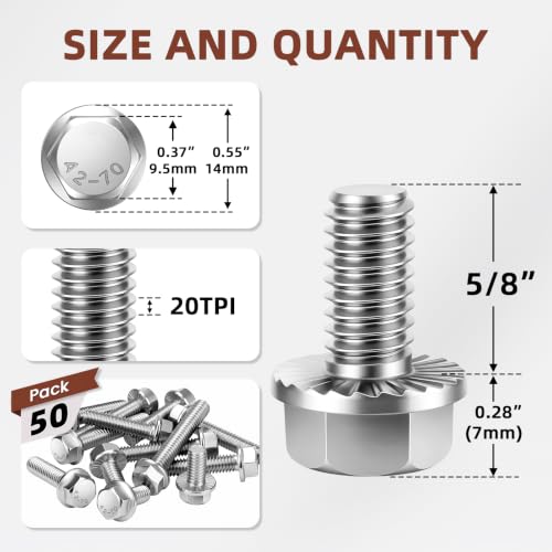 Image of Mellewell 1 /4-20 x 5 /8 inch Flanged Hex Head Bolts Flange Hexagon Screws, Stainless Steel A2, DIN 6921, 50 PCS