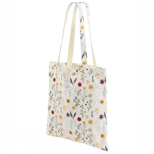TWOOKTY Canvas Tote Bag for Women, Reusable Cotton Shoulder Bag with Magnetic Closure, Aesthetic Floral Print Shopping Bag for Work, School, Travel