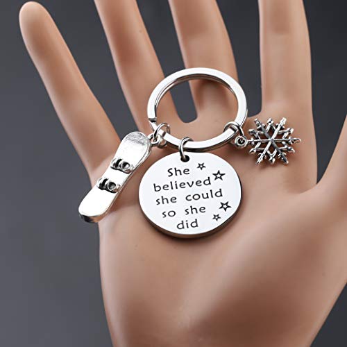 Image of CENWA Snowboarder Gift 3D Snowboard and Snowflake Pendant Snowboarding Keychain Snowboarder Team Gift She Believed She Could