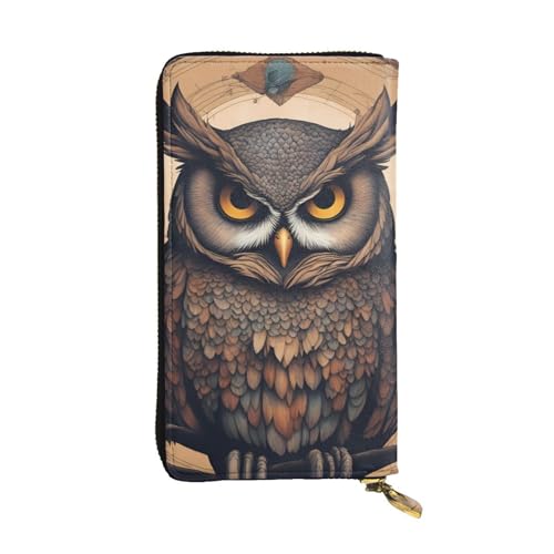 Portefeuille long en cuir noir haut de gamme pour femme motif chouette