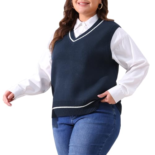 Image of Agnes Orinda Plus Size Sweater Vest for Women V Neck Stripe Cable Knit Sleeveless Pullover Sweater Vest