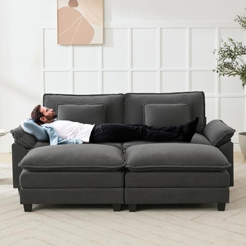 Image of Oprisen 86 inch Modular Sectional Sofa, Comfy Cloud Couch Sectional Sofa with Ottoman, Velvet Sofa Sleeper Deep Seat Sofa with Throw Pillows for Living Room (Blue Grey)