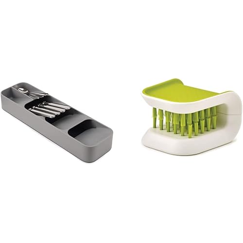 Joseph Joseph DrawerStore Compact Cutlery Organizer Kitchen Drawer Tray, Small, Gray & BladeBrush Knife and Cutlery Cleaner Brush Bristle Scrub Kitchen Washing Non-Slip, One Size, Green