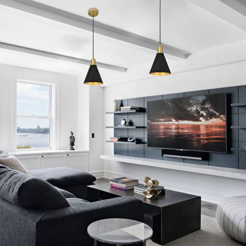 Henveton 2 Set Modern Pendant Light For Kitchen Island，Adjustable Height Gold And Black Metal Shade, Industrial Pendant Lights With E26 Base For Hallway Kitchen Island Dining Room #TOP5