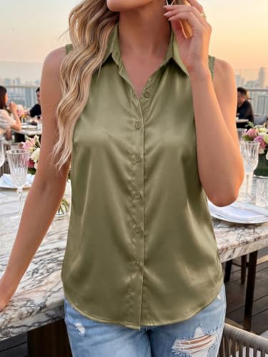 Image of Cicy Bell Womens Satin Sleeveless Button Down Shirts Work Blouse Silky Tops | V Neck, Collared Tank Tops, Professional, Office Clothes, Business Casual Outfits, Under Blazer Tops, Dress Down with Jeans