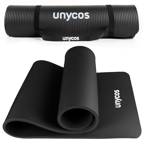 unycos - Gymnastikmatte - Yogamatte Rutschfest【183x60 cm】NBR 10 mm Dicke | Inkl. Tragegurt und E-Book mit Übunge, Sportmatte Ungiftig für Fitness, Pilates & Gym, Home Sport (Schwarz)