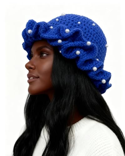 Image of Women Crochet Bucket Hat Cute Winter Ruffled Brim Floppy Cap Handmade Knit Cloche Hats