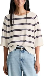 Marc OߴPolo Denim Damen Kurzarmpullover gestreift Relaxed Fit, Weiß (Offwhite Multi 01), XXL