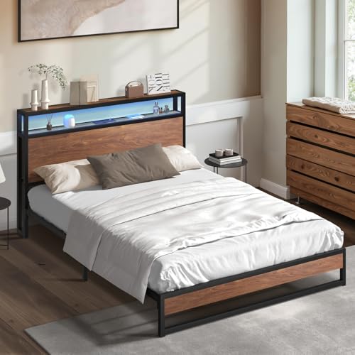 Oikiture Doubel Bed Frame with Led Light and Charge Station Metal Bed