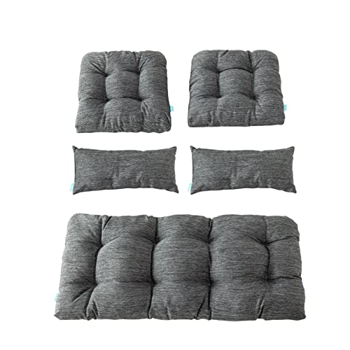 Image of QILLOWAY Outdoor Wicker Cushion Set of 5 - Waterproof Fade Resistant Patio Furniture Cushions, Loveseat 2 U-Shape 2 Lumbar Pillows for Porch, Bench, Backyard, Garden, Charcoal Grey,Black