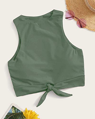 Women's Cut Out Tie Knot Front Scoop High Neck Tank Crop Top Bikini Swimsuit Top Only2