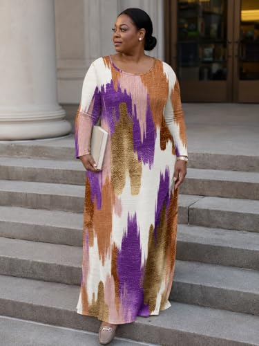 Image of PinkPatty Plus Size Maxi Dress for Curvy Women Crew Neck Long Sleeves Casual Dress Vacation Sundresses with Pockets